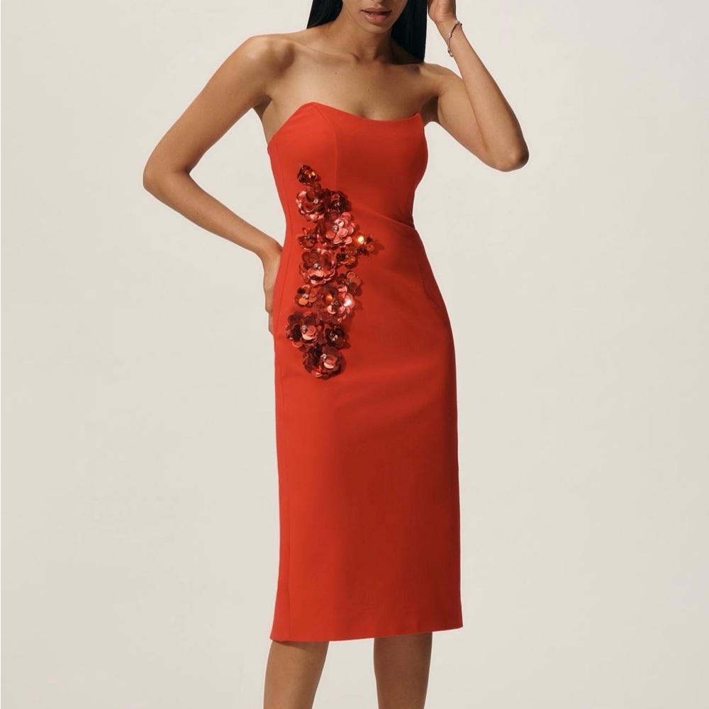 Elliatt Red Strapless Midi Dress with Floral Accents
